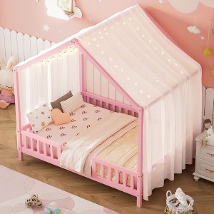 Okak Twin/Full Kids Floor House Bed Frame with Roof Design & Canopy,Modern Montessori Platform Bed,No Box Spring Needed - 1 of 4