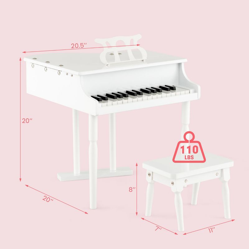 Costway 30 Key Classical Kids Piano Wooden Musical Instrument Toy w/ Stand & Stool White, 3 of 11