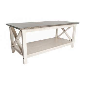 Merrick Lane Rustic Coffee Table with Lower Shelf, Farmhouse Style Solid Wood Accent Table