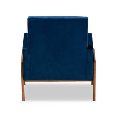 Navy Blue Velvet & Walnut Brown Wood Accent Chair