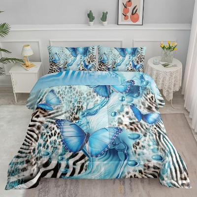 Blue Butterfly Comforter Set Queen – 3Pcs Bedding with Leopard & Zebra Print, Marble Pattern Quilt Set with 2 Pillowcases, All Season