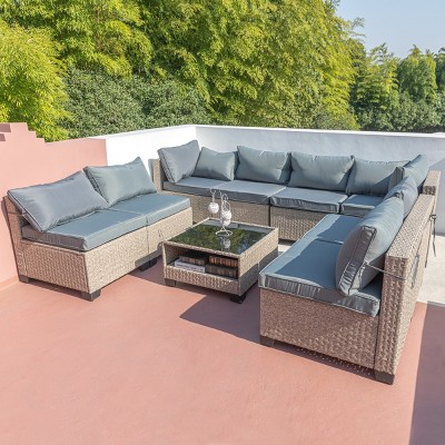 9-Piece Modular Wicker Patio Sofa Set with Coffee Table and Cushions, Outdoor Conversation Furniture for Backyard or Garden - The Pop Home