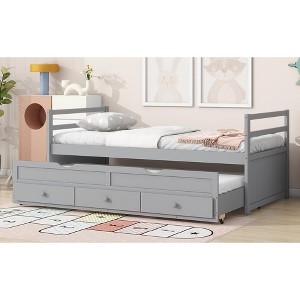 VASIP Grey Twin Bed with Headboard & Footboard – Pine Wood Frame, Trundle & 3 Storage Drawers – Space-Saving Design - 1 of 4