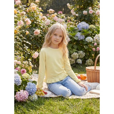INSPIRE CHIC Girls Crew Neck Long Sleeve Top Ruffle Cuff Lettuce Hem Fall Winter Kids 5-10 Y Basic Knit Shirt Small Light Yellow — фото 4