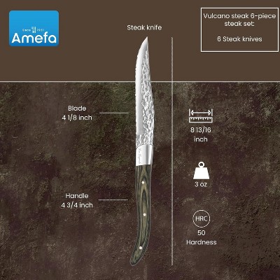 Amefa Lou Laguiole Vulcano Steak Knives, Set of 6, Hardened Hammered Stainless Steel, Triple Rivet Pakka Wood Ergonomic Handle, Serrated Edge 4 Inch