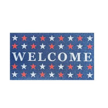 Evergreen Welcome Red White and Blue Stars 28" x 16" Woven PVC Indoor Outdoor Doormat