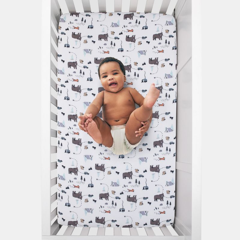 Carter's Woodland Friends White and Multi Colored Bear, Fox, Squirrel, Tree, and Camper Fitted Crib Sheet, 3 of 6