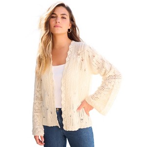 Roaman's Women's Plus Size Crochet Cardigan Sweater - 1 of 4