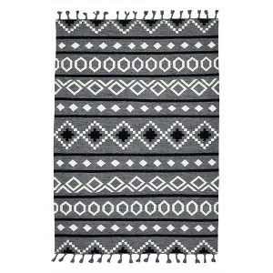 Gray White And Black Wool Geometric Flatweave Handmade Area Rug With Fringe - 1 of 4