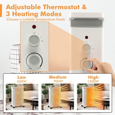White 1500W Oil Filled Radiator Heater with Thermostat and Automatic Shut-off