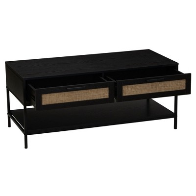 Black Oak Rectangular Coffee Table with Rattan Drawers and Metal Accents