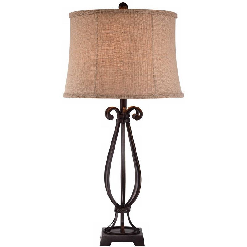 Regency Hill Taos Traditional Table Lamp 32" Tall Iron Open Scroll Base Neutral Burlap Shade for Bedroom Living Room Bedside Nightstand Office Kids, 3 of 7