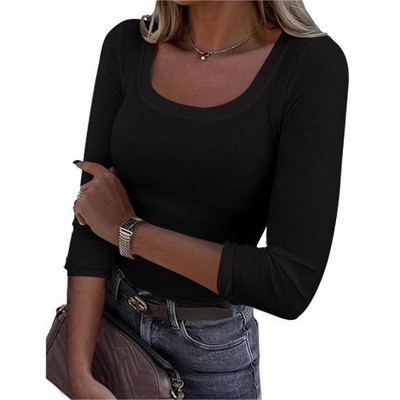 Women's Square Neck T-Shirts 3/4 Sleeve Slim Fit Tops Summer Casual Tops