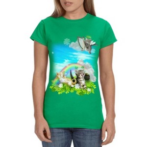 St. Patrick's Day Women's Shirt Green Rainbow Angel Kittens Adult T-Shirt Green - 1 of 3