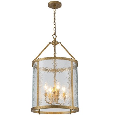 LLHZSY 4-Light Farmhouse Lantern Glass Pendant Chandelier With Water Ripple Glass - Black/Gold