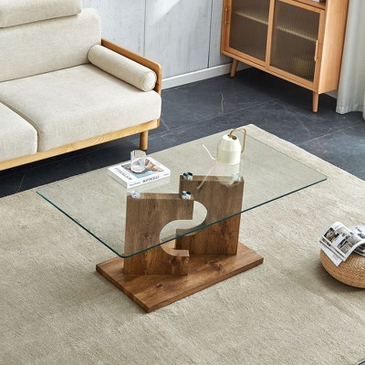 NicBex 25.5" Modern Coffee Table with Tempered Glass Tabletop and White MDF Legs for Dining Room, Kitchen and Living Room