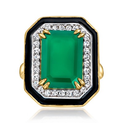 Ross-Simons Green Chalcedony and 0.60 ct. t.w. White Topaz Ring With Black Enamel in 18kt Gold Over Sterling