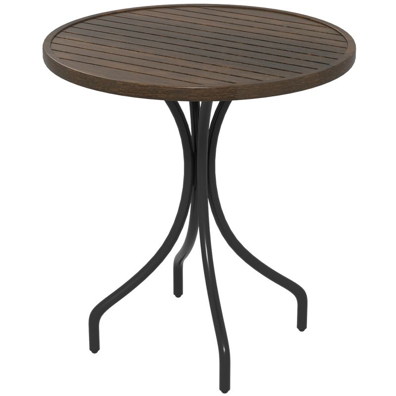 Outsunny Outdoor Side Table, 26" Round Patio Table with Steel Frame and Slat Tabletop for Garden, Backyard, Porch, Balcony, Distressed Brown, 1 of 7
