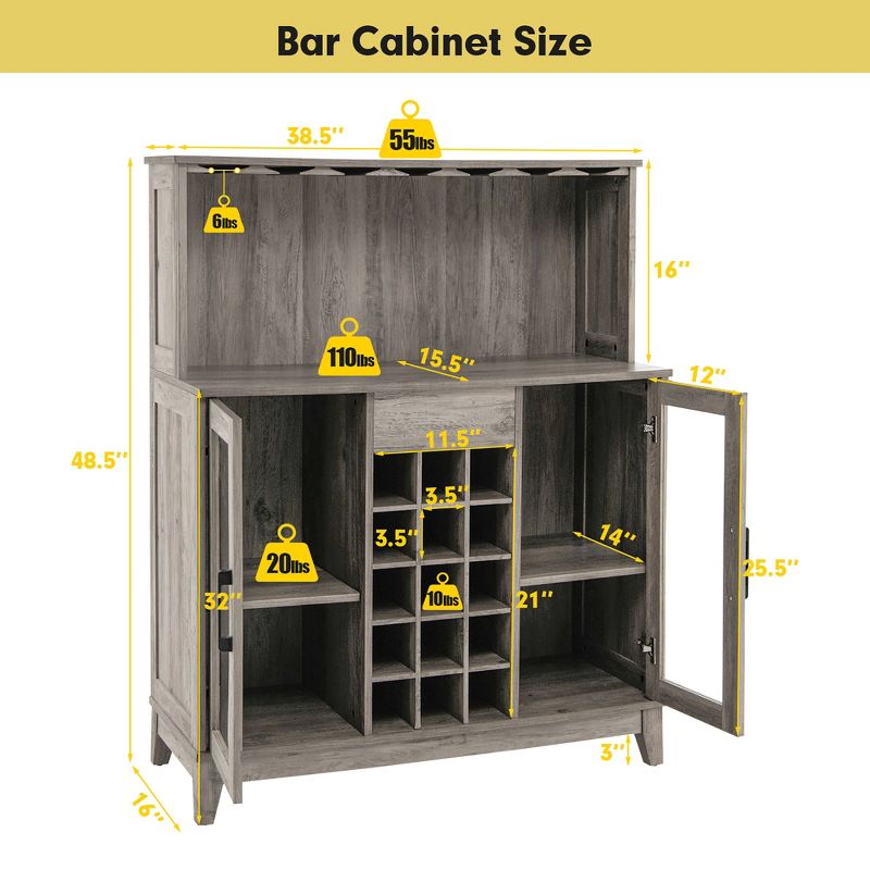 Costway 2-Door Buffet Bar Cabinet Kitchen Storage Sideboard Wine Rack Glass Holder Grey\Black, 4 of 11