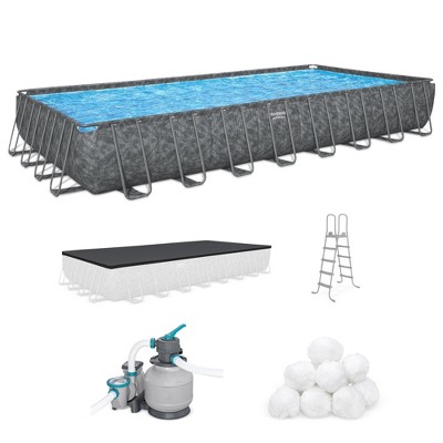 Bestway APX 365 Rectangular Swimming Pool Above Ground Outdoor Backyard Framed Pool Set with Sand Filter Pump, Ladder, and Cover, 31'4" x 16' x 52"