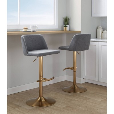 Toriano Gray Fabric and Gold Metal Adjustable Swivel Barstools, Set of 2