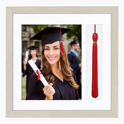 Americanflat 13x13 Light Wood Graduation Frame - 2 Opening Mat Displays 8"x10" Photo and Tassle. Square Frame with Tempered 2X Sawtooth Hangers