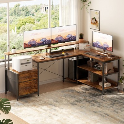 Aheaplus L-Shaped Computer Desk with Drawers and Monitor Shelf