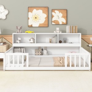 CAVINAS Twin/Full Size Bed Frame with Bedside Bookcase & Guardrails,Storage Floor Bed for Kids Room,Bedroom - 1 of 4