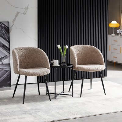 Set of 2 Boucle Upholstered Dining Armchairs,Mid-Century Modern Round Back Accent Chairs with Metal Legs for Dining Room-Baofuwish
