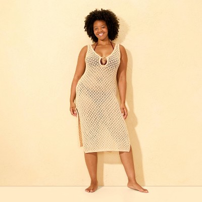 Shade & Shore Women's Crochet Ring Front Midi Dress Cover Up - Shade & Shore™ Cream S — фото 4