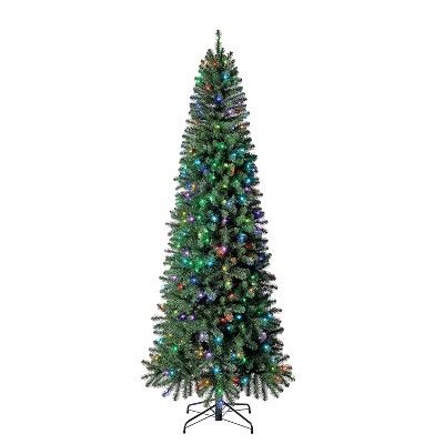 Evergreen Classics 9 Foot Pre Lit Color Blast Pencil Pine Artificial Holiday Tree with 350 Color Changing LED Lights and Metal Stand