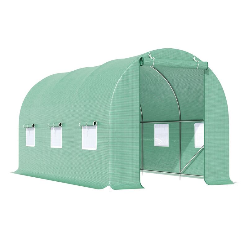 Outsunny Walk-In Tunnel Greenhouse, Large Garden Hot House Kit with 6 Roll-up Windows & Roll Up Door, Steel Frame, 1 of 9