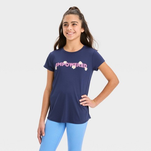 Girls' Short Sleeve 'Empowered' Graphic T-Shirt - All In Motion™ Navy Blue M