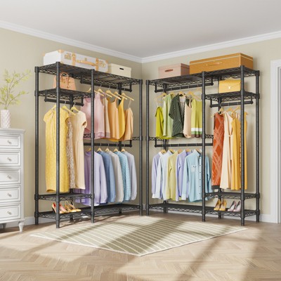 Black Heavy Duty Metal Garment Rack with Shelves and Hanging Rods