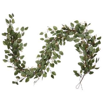 Noma Pre-Lit 9 Foot Artificial Eucalyptus Christmas Garland Holiday Decor with Battery Operated Warm White LED Lights for Banisters & Doorways, Green