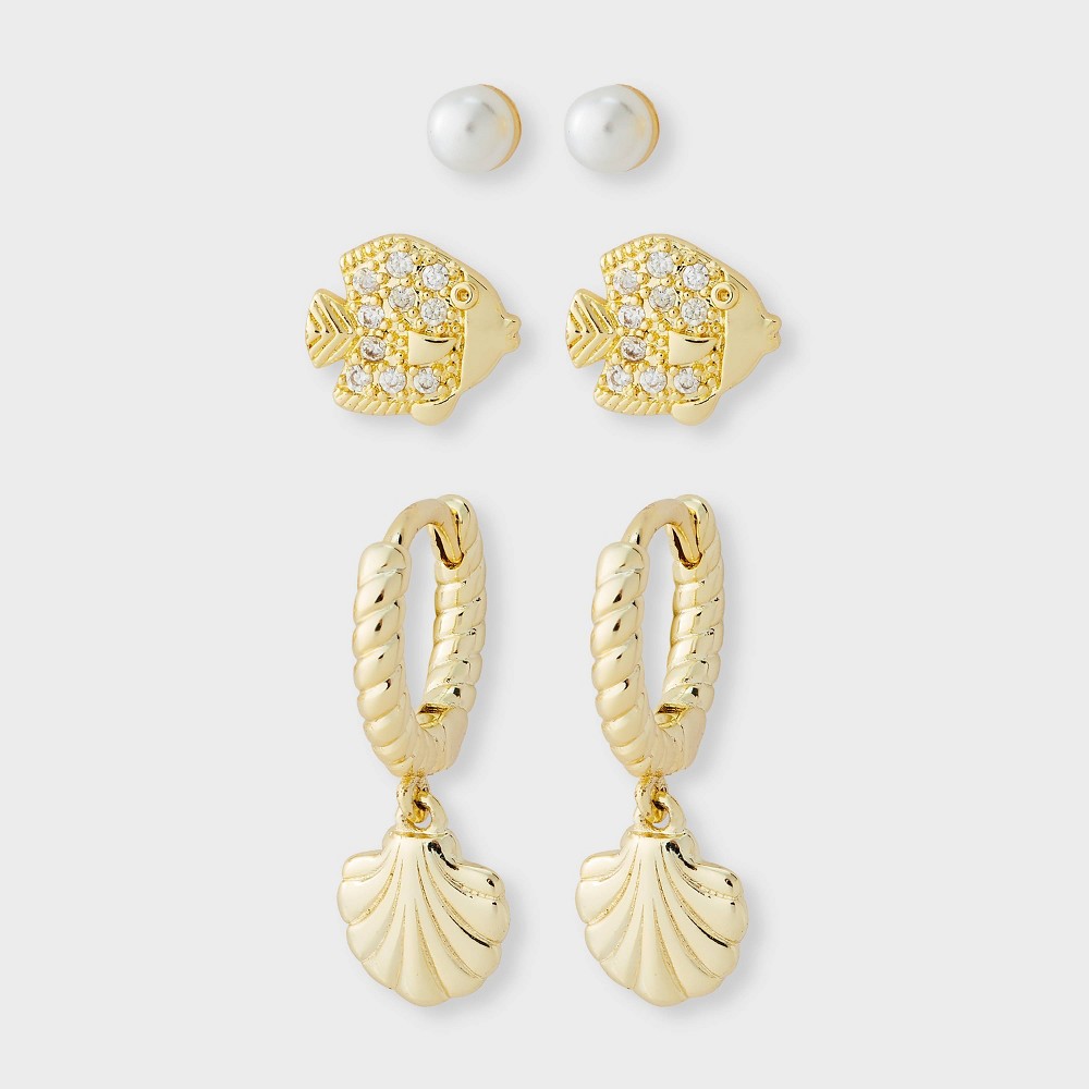 Photos - Earrings 14k Gold Dipped Pearl Stud Shell Hoop & Fish Earring 3pc Set - A New Day™ Gold