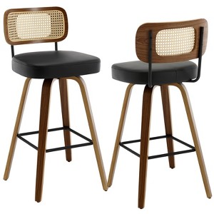 Bekrvio Swivel Counter Height Bar Stools, 29" Faux Leather Upholstered with with Rattan Back, Black for Kitchen Counter - 1 of 4