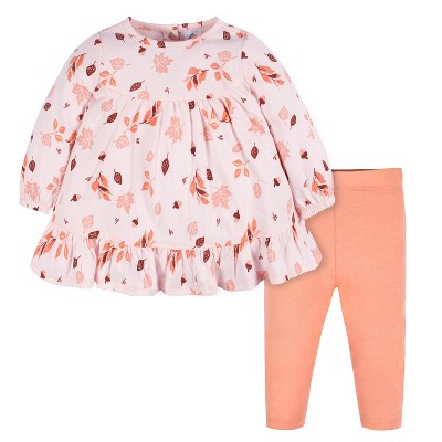 Image of Gerber Baby Girls' 2-Piece Dress & Legging Set, Leaves, 3-6 Months