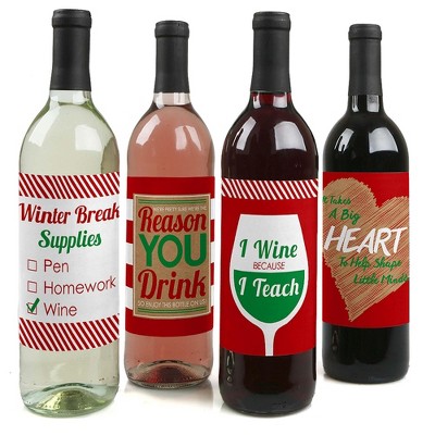 Big Dot of Happiness Teacher Christmas - Holiday & Christmas for Women and Men - Wine Bottle Label Stickers - Set of 4