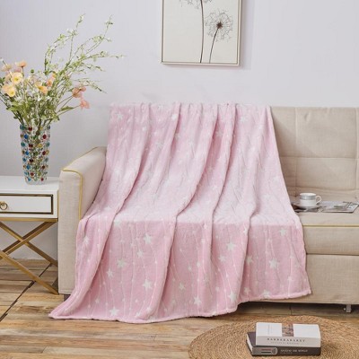 Pink Glow in the Dark Star Pattern Knitted Throw Blanket 50" x 60"