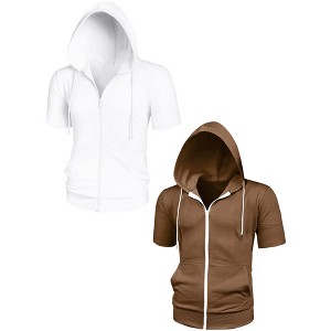 Lars Amadeus Men's Solid Color Zip Up Short Sleeves Hoodies Sweatshirt 2 Packs - 1 of 4