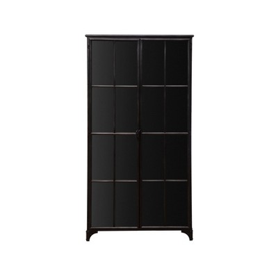Storied Home Metal 71" Tall Decorative Storage Cabinet Black: Glass Doors, Iron Frame, Display Shelves