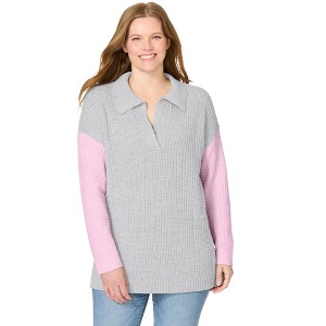 Woman Within Plus Size Waffle Polo Sweater - 1 of 4