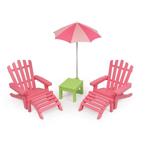 Two Adirondack Doll Chairs With Table And Umbrella Pink Green