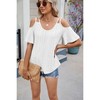 Womens Eyelet  Embroidery Tops Spaghetti Straps Short Sleeve Cold Shoulder Front Knit Casual Summer Lightweight Blouses for Women - 3 of 4