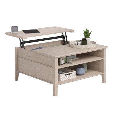 Vynxaria Lift-Top Coffee Table - Brown Oak Finish, 36.14" Square x19.29"H, Hidden Storage, Open Shelving, Space-Efficient for Small Rooms