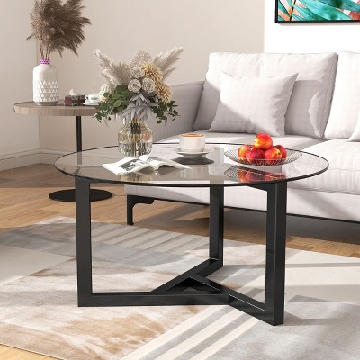 Glass Coffee Table,Round Coffee Table With Tempered Glass Top And Wood Base,Cocktail Table,Coffee Tables For Living Room-Cuddlewood