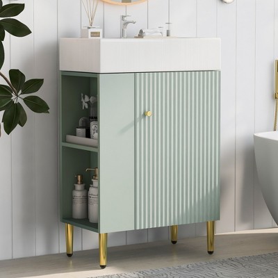 21.6 Inch Green Bathroom Vanity with Ceramic Sink, Left Side Storage ...