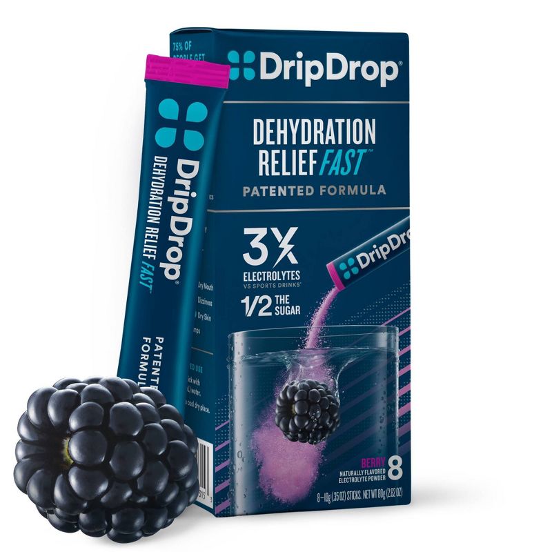 DripDrop Electrolyte Vegan Powder for Dehydration Relief - Berry - 8ct, 1 of 10
