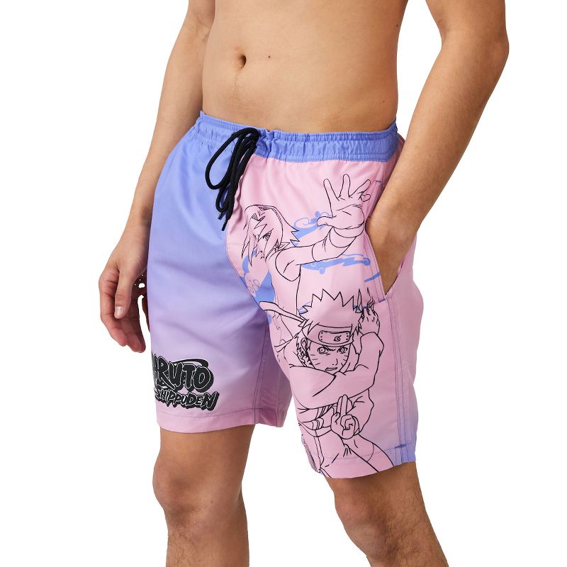 Naruto Sakura & Naruto Line Art Men's Purple & Pink Ombre Board Shorts, 3 of 5